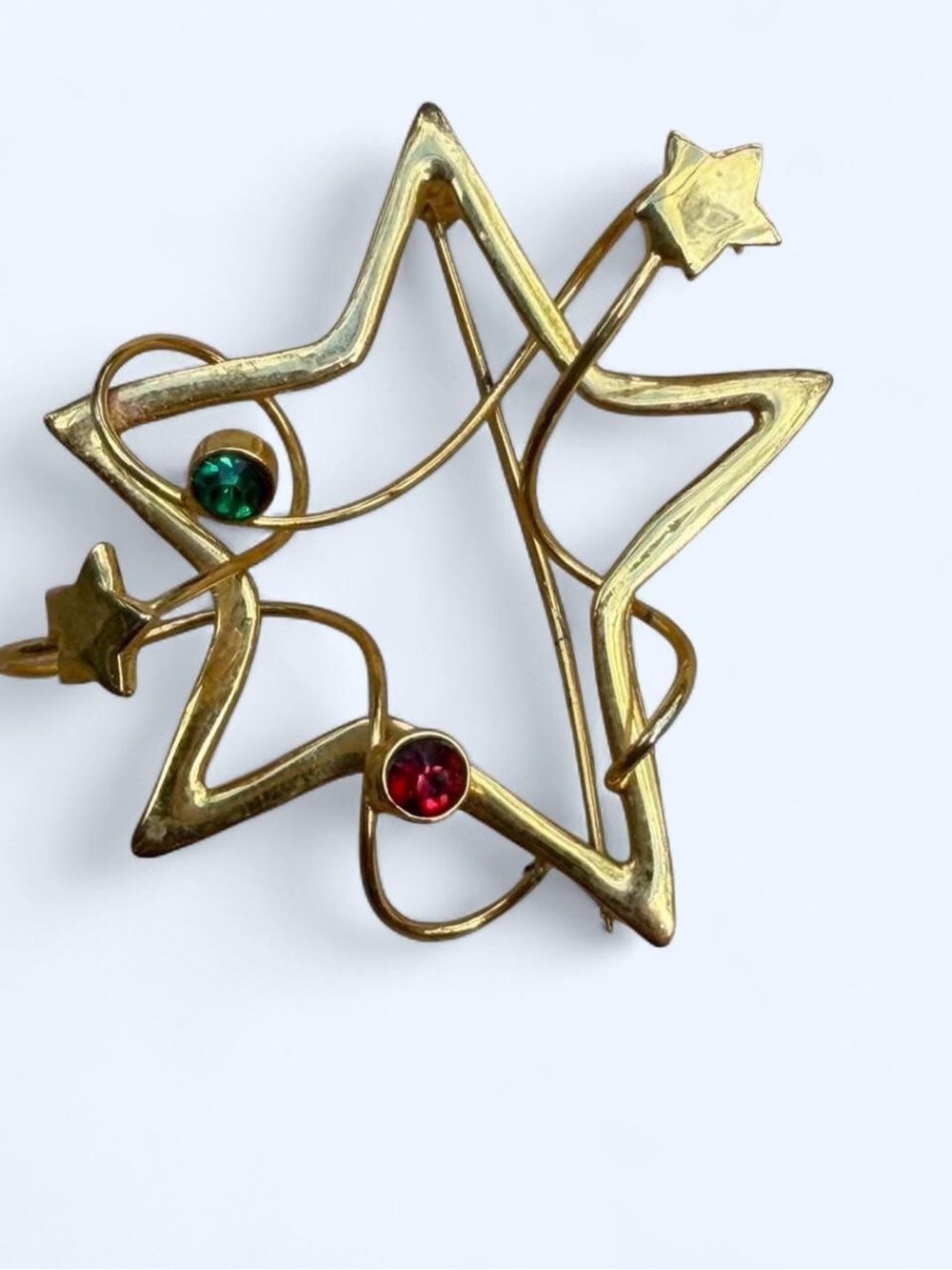 Gold Tone Star Pin Red Blue/Green Rhinestone Wire Wrapped
